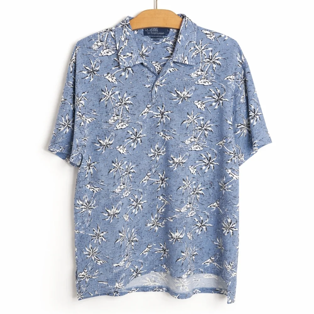 Polo Ralph Lauren Blue Tropical Palm Print Polo Shirt Size Large